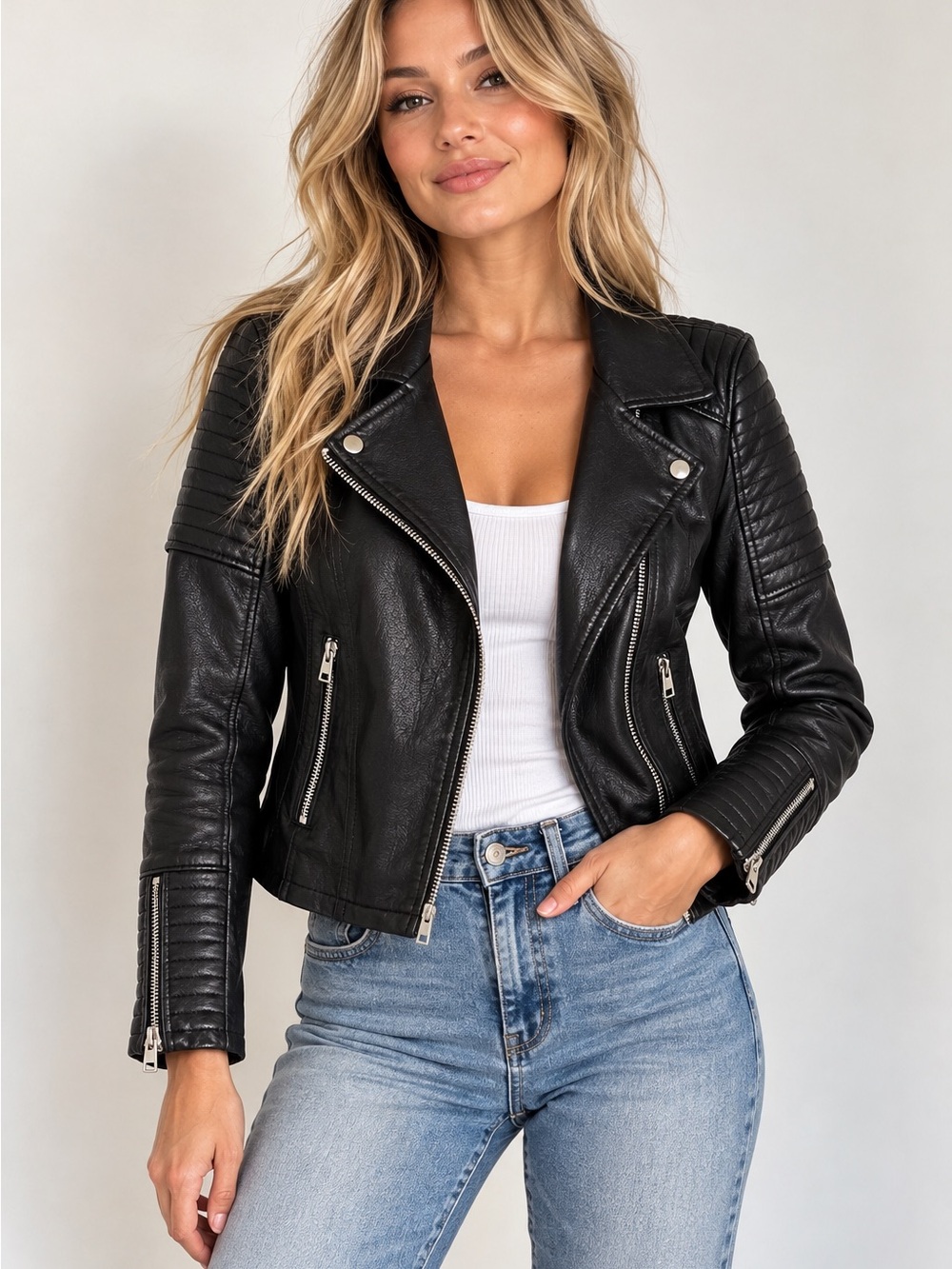 Topshop Black Moto Jacket Women's Faux Leather Biker Coat Quilted Petite 6